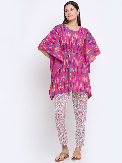 

KLOTTHE Women Magenta Printed Kaftan Pure Cotton Top with Pyjamas