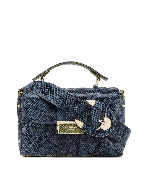 

Da Milano Blue Textured Leather Structured Handheld Bag with Cut Work