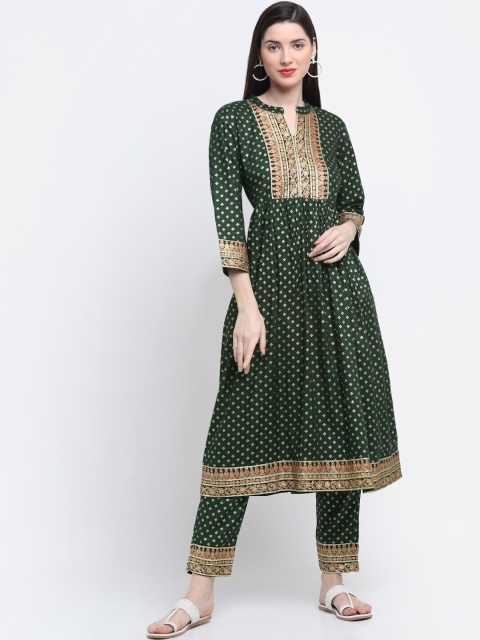 

KALINI Women Green Ethnic Motifs Printed Pleated Kurta with Trousers & With Dupatta