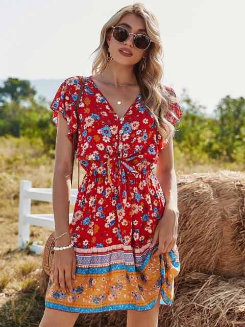 

La Aimee Red & Blue Floral Dress