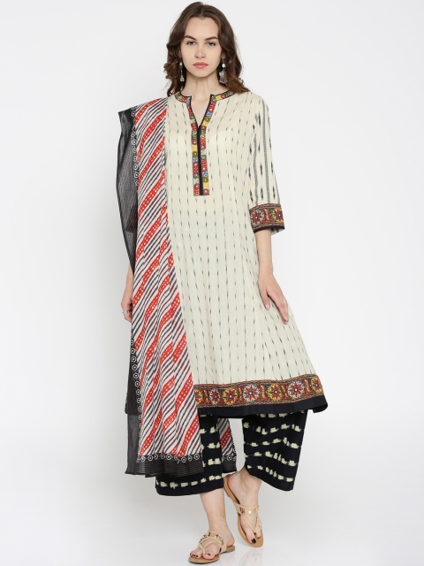 

Biba Women Off-White & Black Printed Kurta with Palazzos & Dupatta