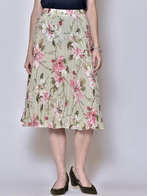 

250 DESIGNS Women Olive Green Floral Printed Pleated Skirt