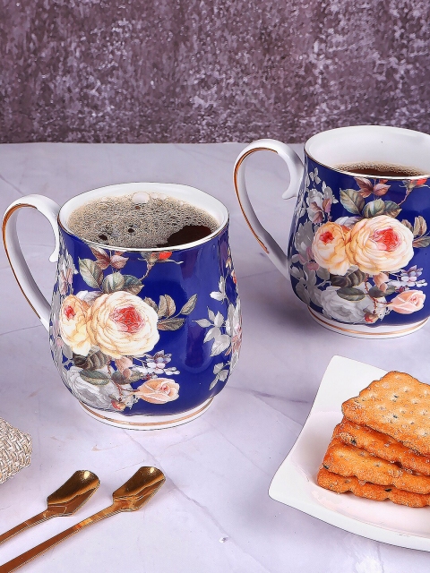 

THE WHITE INK DECOR Set of 2 Blue Printed Ceramic Glossy Mugs