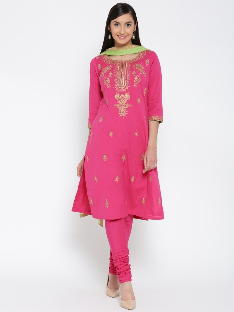 

Biba Pink Zari Embroidered Churidar Kurta with Dupatta
