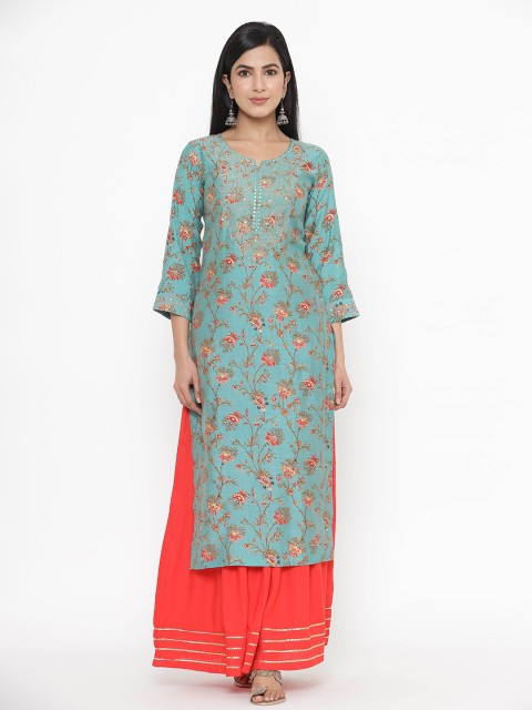 

JAVTA Women Turquoise Blue Printed & Embroidered Straight Kurta