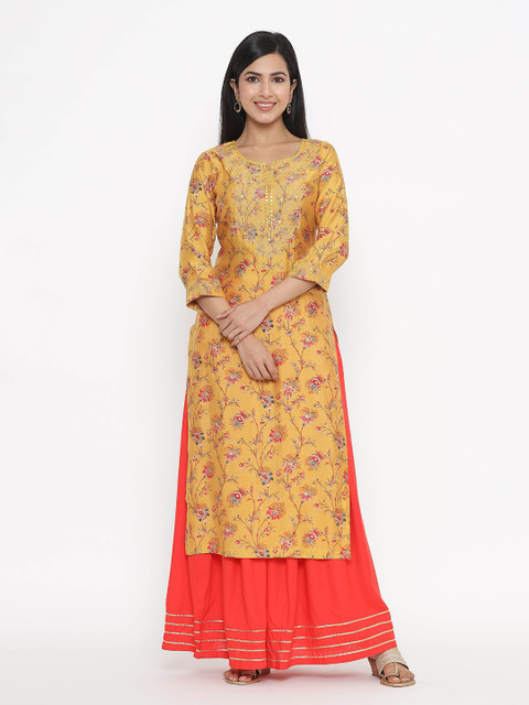 

JAVTA Women Yellow Embroidered Floral Kurta