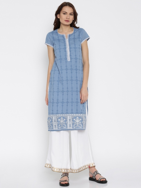 

Biba Women Blue Printed Kurta with Mirror Work