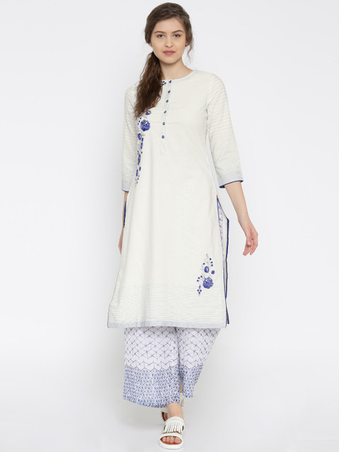 

Biba White & Blue Embroidered Kurta, Off white