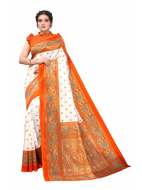 

AADVIKA Orange & White Ethnic Motifs Art Silk Saree