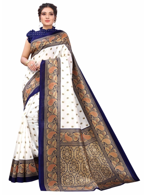 

AADVIKA Navy Blue & White Floral Art Silk Mysore Silk Saree