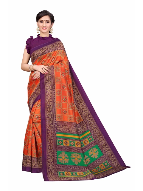 

AADVIKA Orange & Purple Floral Art Silk Mysore Silk Saree