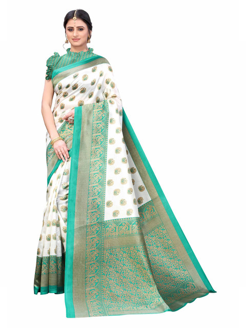 

AADVIKA Green & White Ethnic Motifs Art Silk Mysore Silk Saree