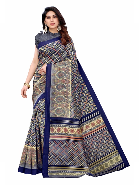 

AADVIKA Navy Blue & Orange Ethnic Motifs Art Silk Saree