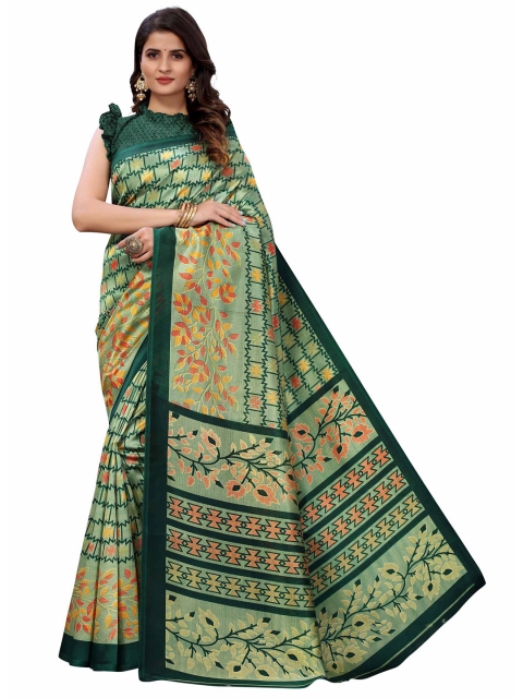 

AADVIKA Green & Mustard Yellow Floral Art Silk Saree