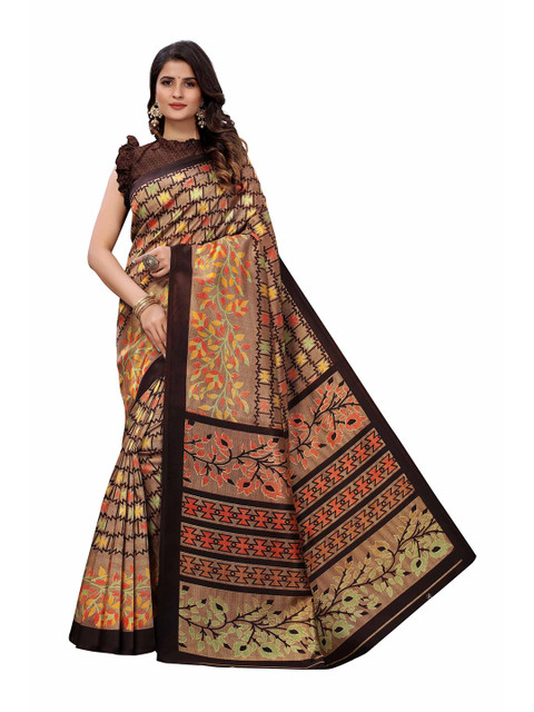 

AADVIKA Women Brown Floral Printed Mysore Silk Saree
