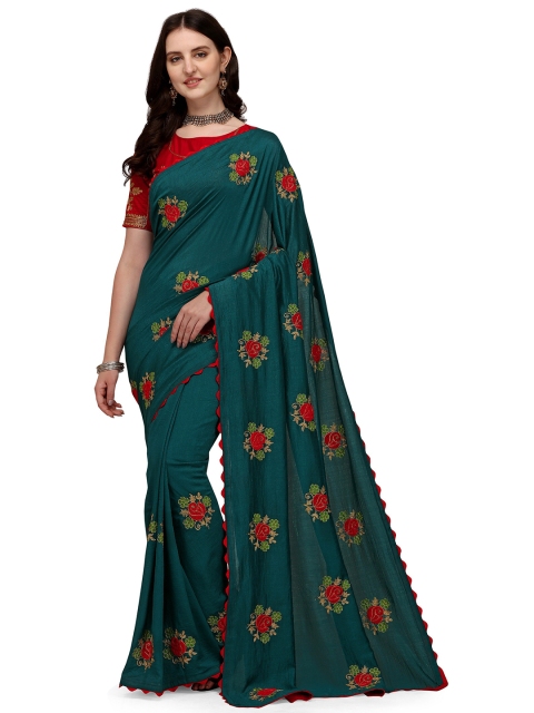 

Iris Women Teal Green Floral Embroidered Cotton Silk Saree