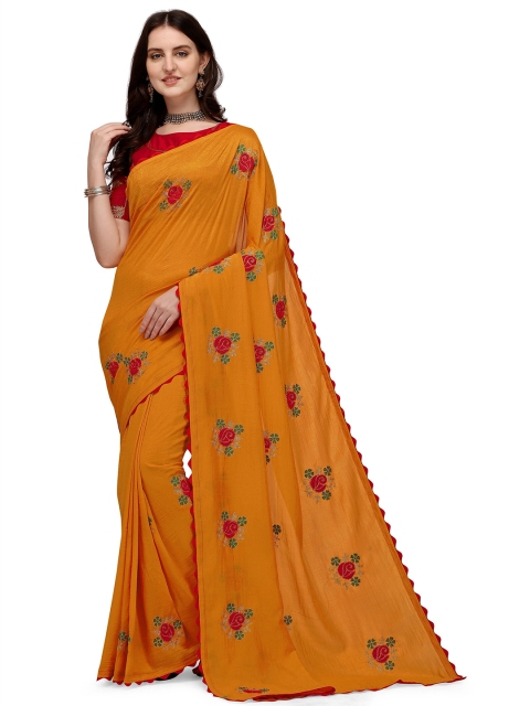 

Iris Mustard Yellow & Red Floral Embroidered Silk Cotton Saree