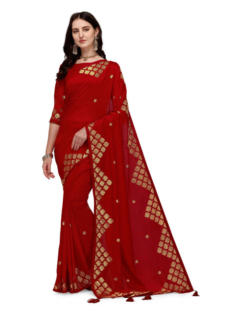 

Iris Women Red Embroidered Cotton Silk Saree