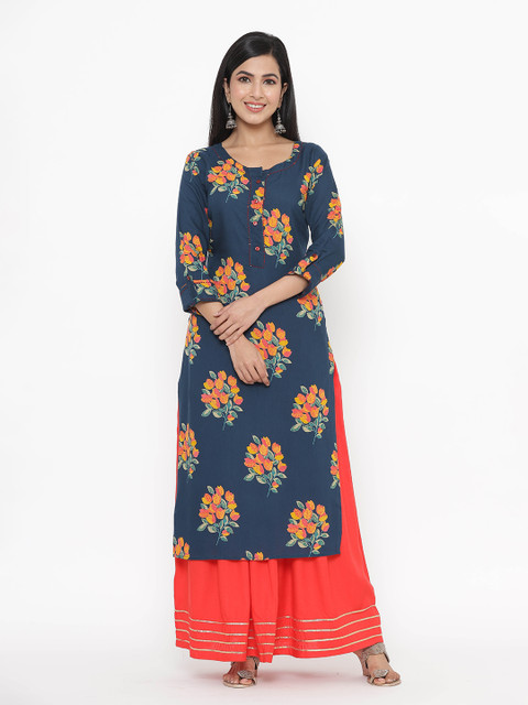 

JAVTA Teal Blue Floral Print Straight Kurta