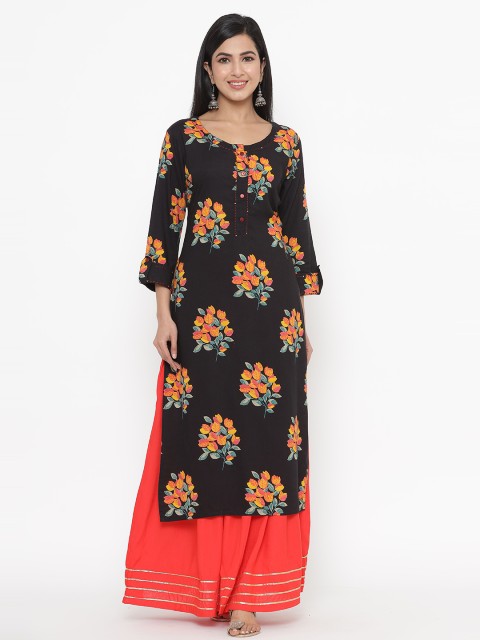 

JAVTA Women Black & Orange Floral Printed Kurta