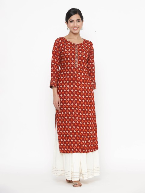 

JAVTA Women Rust Orange Printed Straight Kurta