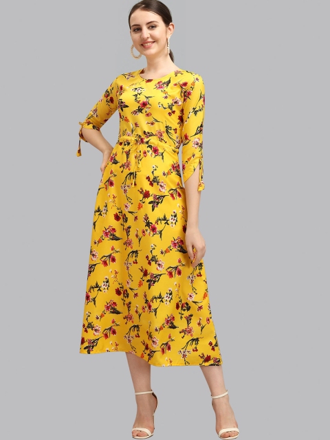 

Fashion FRICKS Yellow Floral A-Line Midi Dress