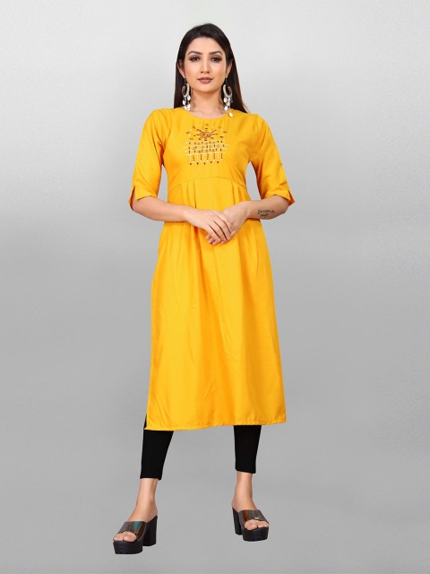 

Fashion FRICKS Women Yellow Embroidered Thread Work Kurta
