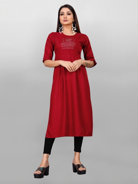 

Fashion FRICKS Women Red Ethnic Motifs Yoke Design Mirror Work Kurta