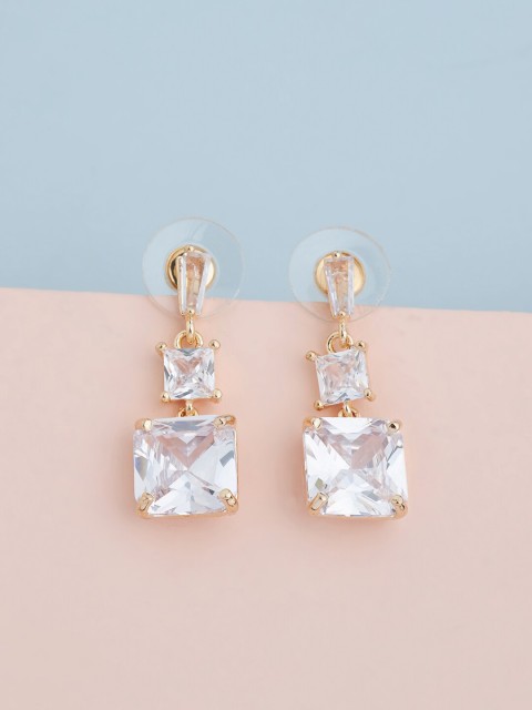 

Kushal's Fashion Jewellery White-Toned & Gold-Plated CZ-Studded Square Drop Earrings