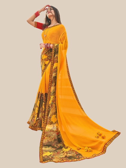

UNITED LIBERTY Olive Green & Yellow Ethnic Motifs Pure Georgette Block Print Saree
