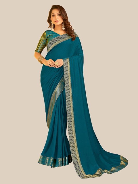 

UNITED LIBERTY Teal Blue & Gold-Toned Vichitra Silk Solid Jacquard Saree