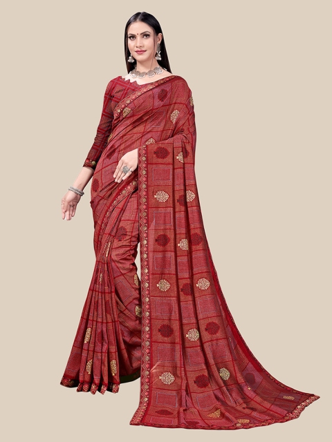

UNITED LIBERTY Women Brown Floral Vichitra Silk Block Print Saree