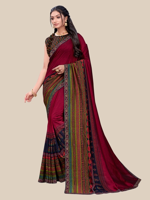 

UNITED LIBERTY Women Red Floral Vichitra Silk Block Print Saree