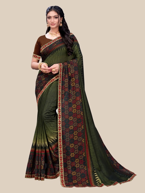 

UNITED LIBERTY Olive Green & Maroon Vichitra Silk Saree