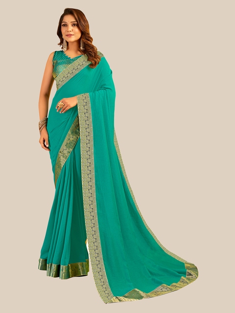 

UNITED LIBERTY Turquoise Blue & Gold-Toned Zari Art Silk Block Print Saree