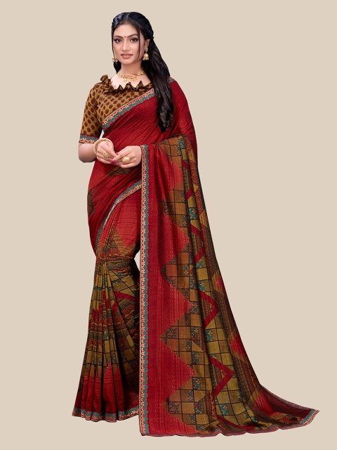

UNITED LIBERTY Red & Olive Green Ethnic Motifs Art Silk Saree