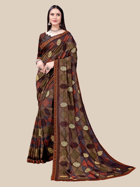 

UNITED LIBERTY Brown & Maroon Floral Zari Art Silk Block Print Saree
