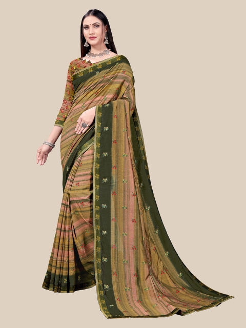 

UNITED LIBERTY Green & Maroon Floral Zari Art Silk Block Print Saree
