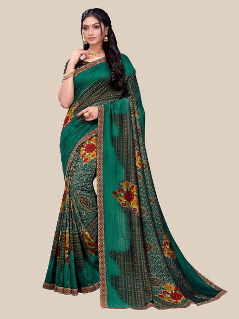 

UNITED LIBERTY Green & Red Floral Vichitra Silk Saree
