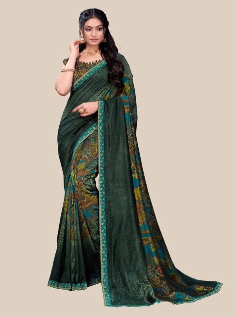 

UNITED LIBERTY Green & Brown Ethnic Motifs Vichitra Silk Saree