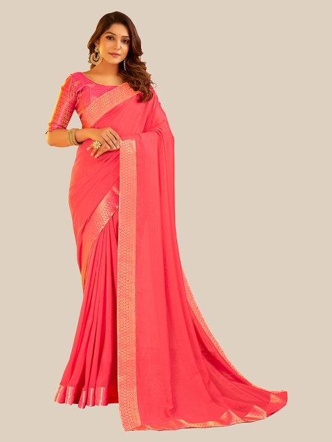 UNITED LIBERTY Pink & Gold-Toned Vichitra Silk Jacquard Saree