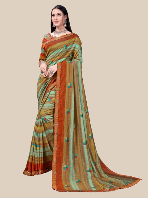 

UNITED LIBERTY Olive Green & Maroon Floral Zari Art Silk Block Print Saree