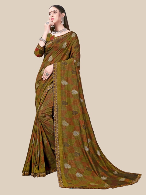 

UNITED LIBERTY Olive Green & Silver-Toned Floral Zari Art Silk Block Print Saree