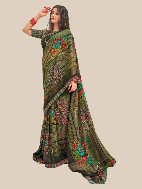 

UNITED LIBERTY Olive Green & Maroon Floral Pure Georgette Saree