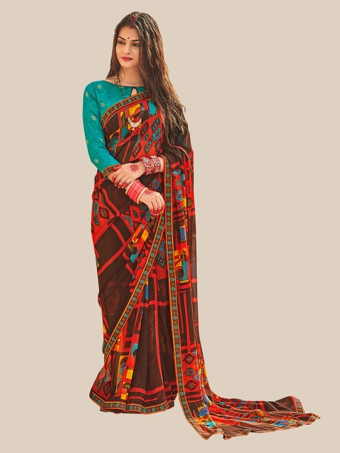 

UNITED LIBERTY Brown & Red Ethnic Motifs Pure Georgette Saree