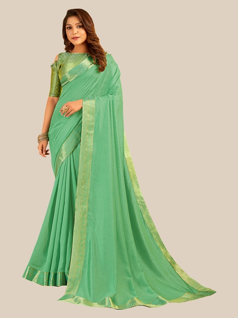 

UNITED LIBERTY Green & Gold-Toned Zari Art Silk Block Print Saree