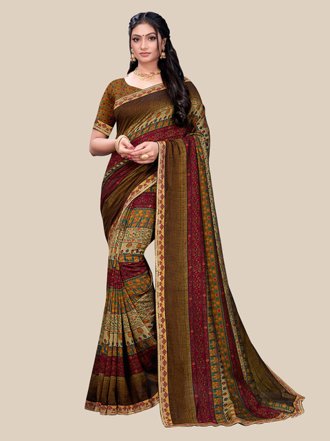 

UNITED LIBERTY Brown & Grey Floral Zari Art Silk Block Print Saree