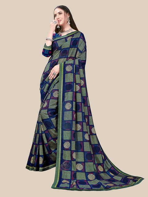 

UNITED LIBERTY Green & Black Floral Zari Art Silk Block Print Saree