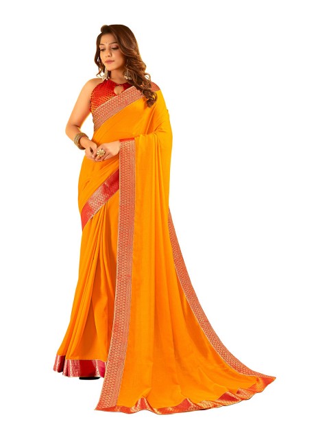 

UNITED LIBERTY Orange & Red Zari Art Silk Block Print Saree