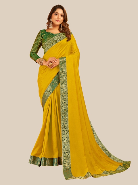 

UNITED LIBERTY Olive Green & Green Zari Art Silk Block Print Saree